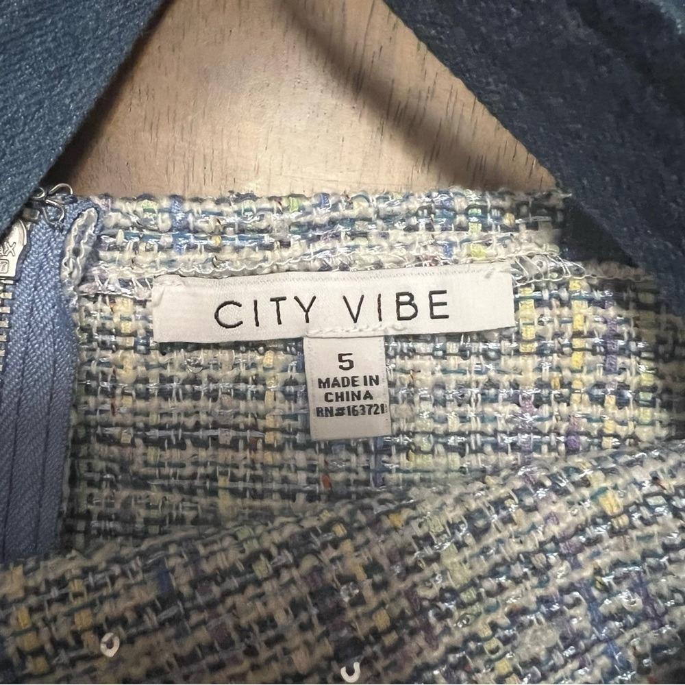 NWT City Vibe Y2K Inspired Blue Tweed Sequin Wool Blend Square Neck Dress Sz 5 - Picture 5 of 15